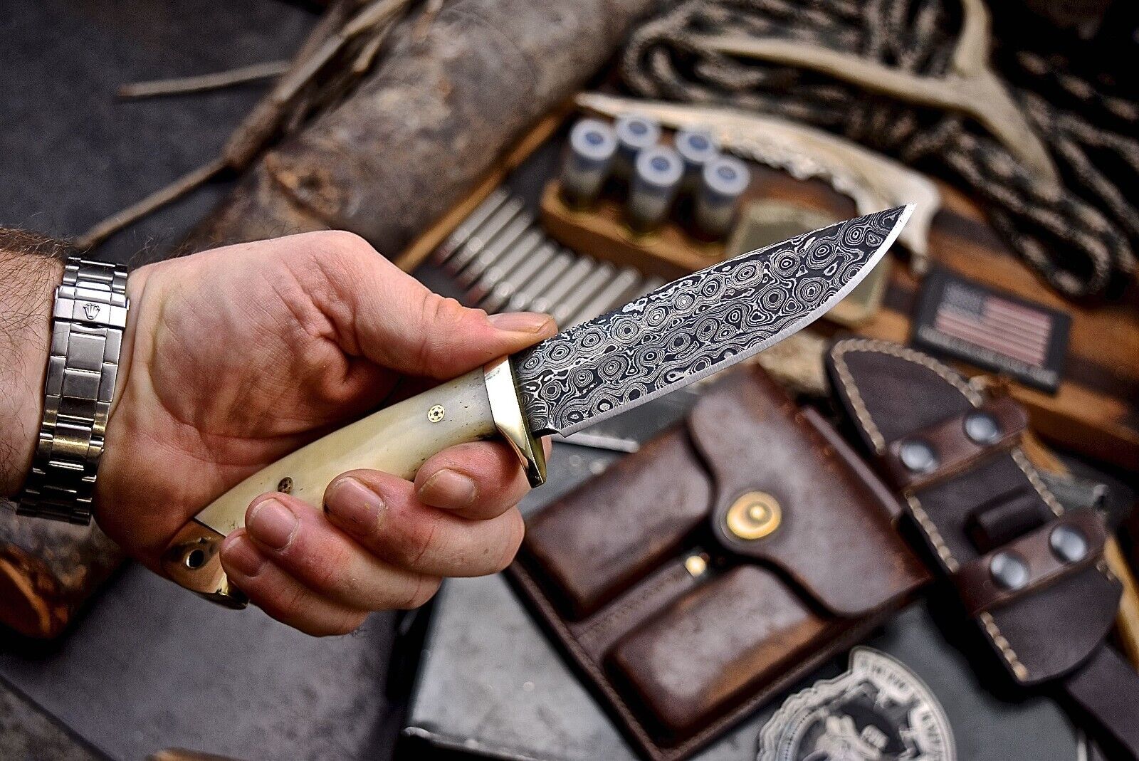 Custom Handmade Skinning Knife - Damascus Steel, 4.5