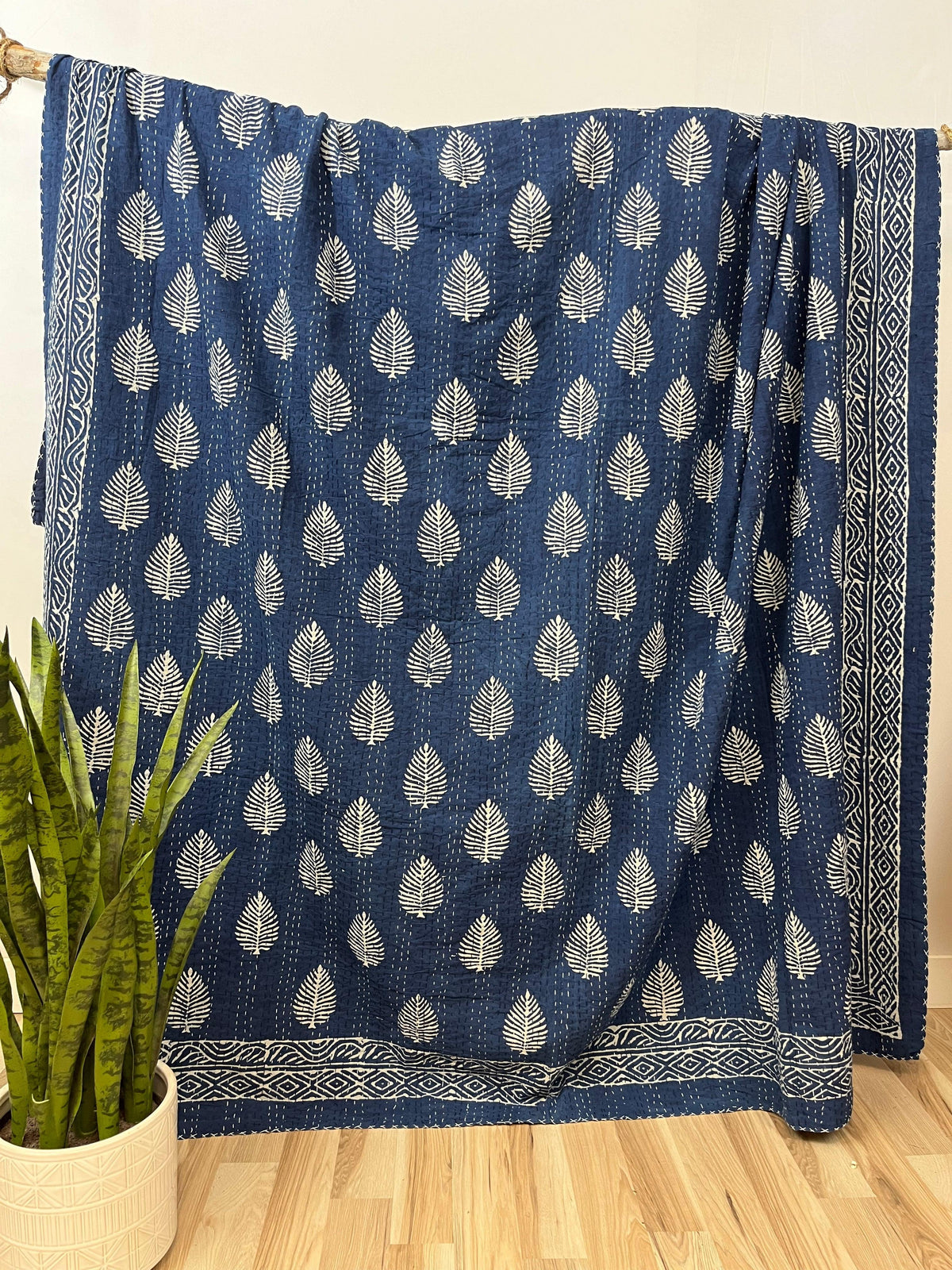 Bagru Indigo Leaves Block Print Cotton Kantha Quilt