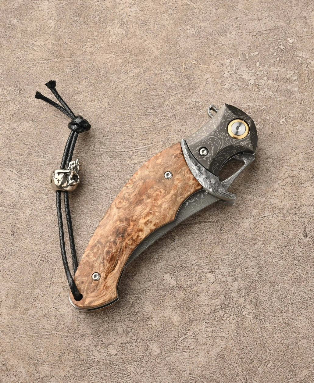 Crest Japanese Damascus Pocket knife with Maple Burl Handle