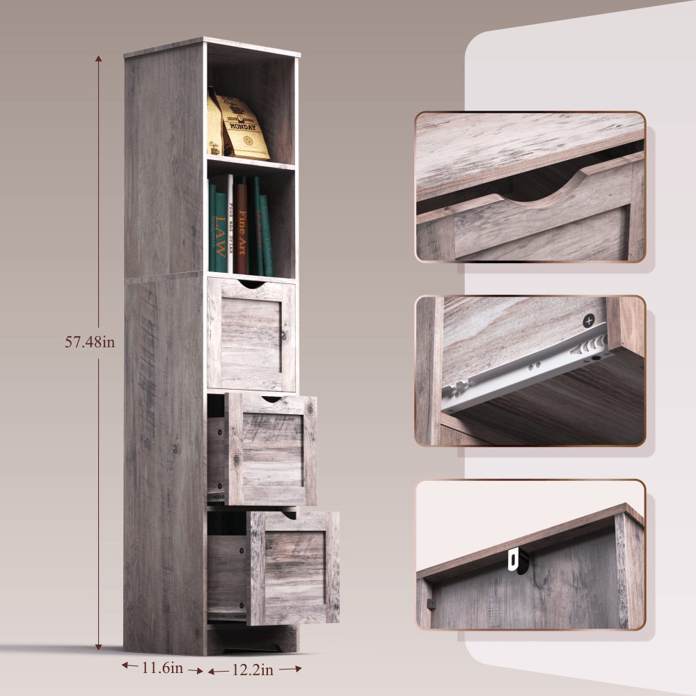 Bathroom Floor Cabinet with 3 Drawers 2 Shelves, Tall Narrow Bathroom Kitchen Pantry Storage Cabinet with Open Compartment Grey