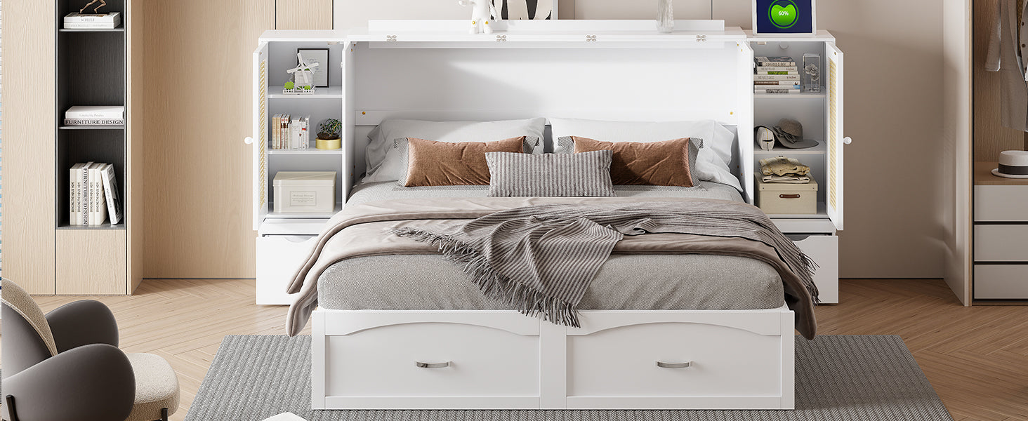 Large Murphy bed wall mounted bed with drawers, 2 storage cabinets, 1 set of sockets and USB ports, white