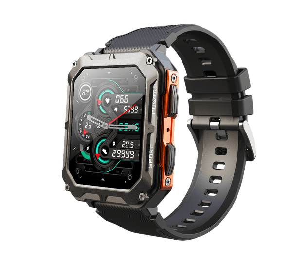 Smartwatch with a black strap and orange accents on a white background