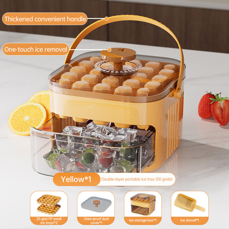 50-grid ice maker with new large capacity - household food-grade plastic double-layer ice storage barrel & ice ball mold set