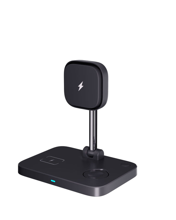 Three in one magnetic wireless charger stand with cooling fan suitable for wireless charging of iPhone earphones and watches