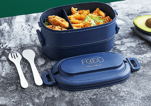 Japanese style simple portable microwaveable double layer partition lunch box bento box with cutlery