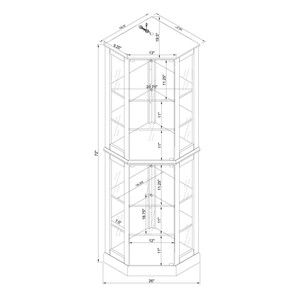6 shelves corner Curio display cabinet with light mirror and adjustable shelves, walnut wood (excluding E26 light bulbs)