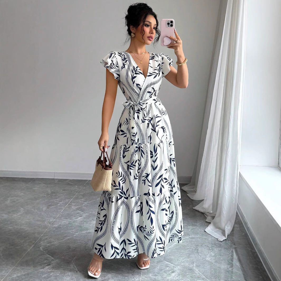 Spring Summer New Printed Ruffled V-Neck Sexy Fitted Slimming Long Dress Gown