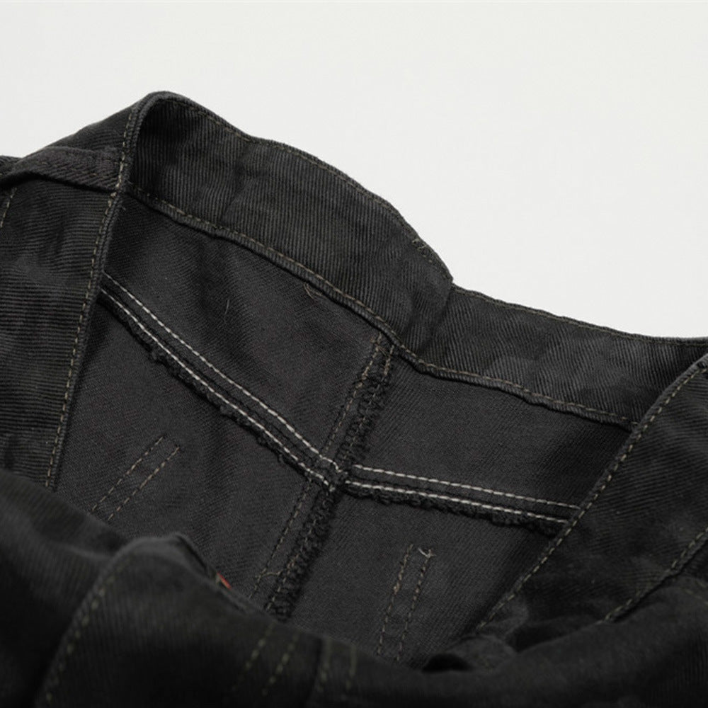 American Retro Camouflage Denim Seven-Quarter Shorts for Men, Loose Wide-Leg Multi-Pocket Design Workwear Five-Quarter Pants Trendy