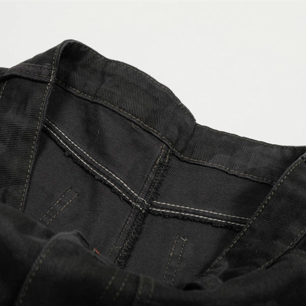 American Retro Camouflage Denim Seven-Quarter Shorts for Men, Loose Wide-Leg Multi-Pocket Design Workwear Five-Quarter Pants Trendy