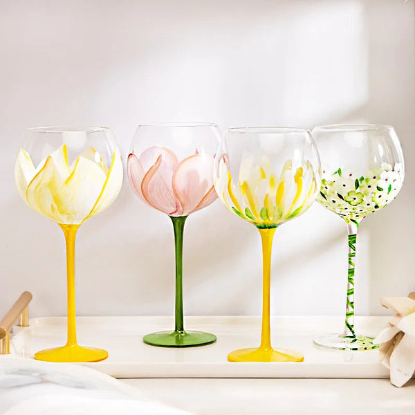 1 Piece Hand Painted Glass Goblet Cup Creative Red Wine Glasses Cup Flower Painted Stemware for Wedding Party Events