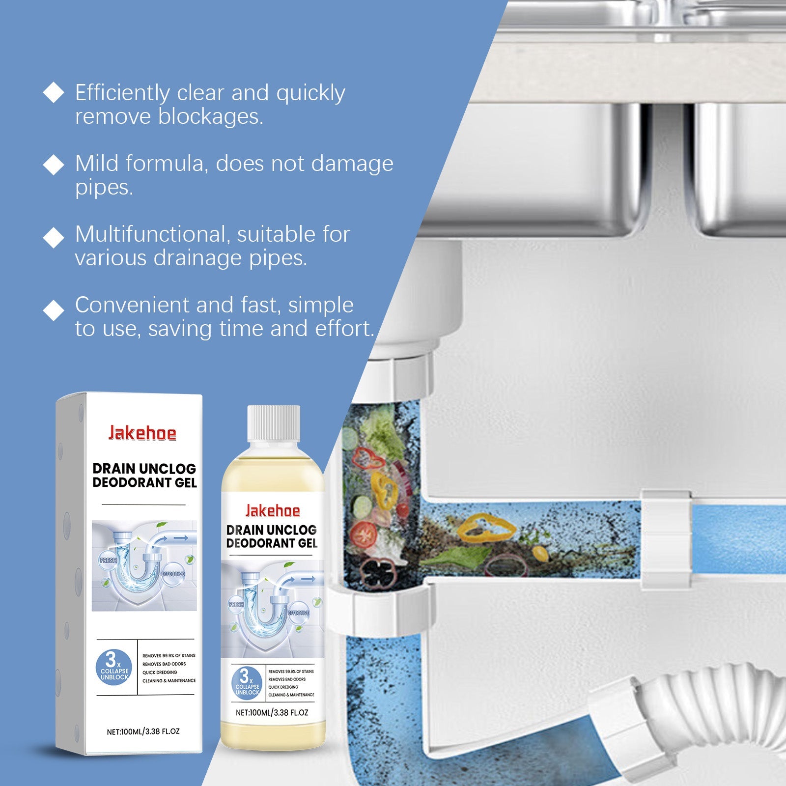 Pipe Unclog Deodorant Gel, Drain Pipe Unclog Deodorant Kitchen Toilet Pipe Cleaner