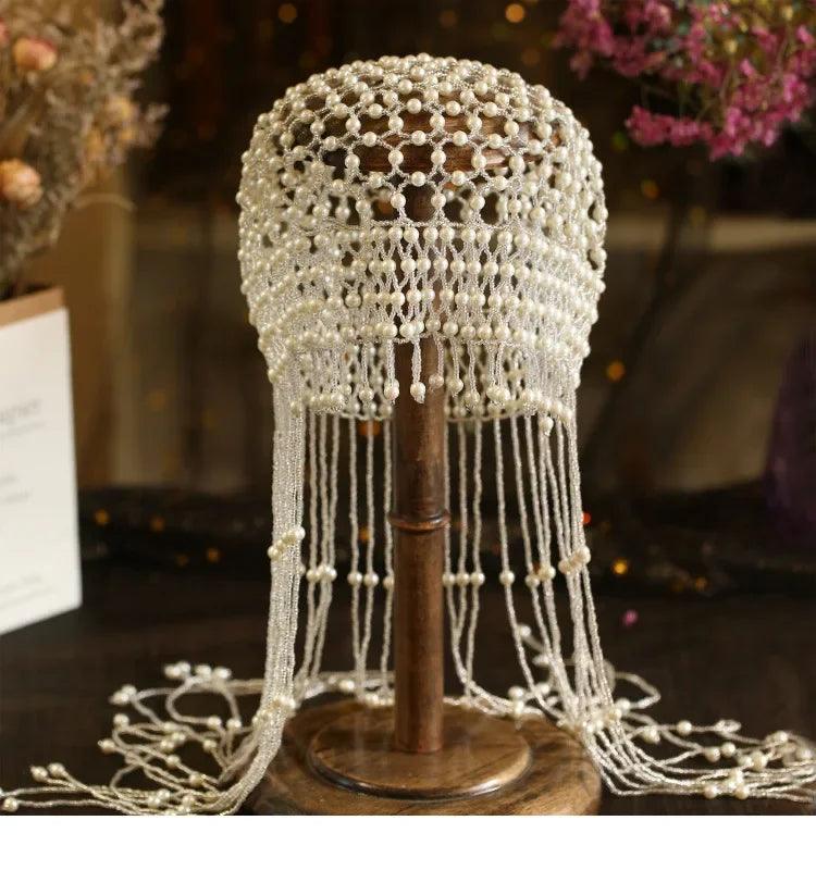 Handmade hollowed out headpiece performance pearl tassel hat
