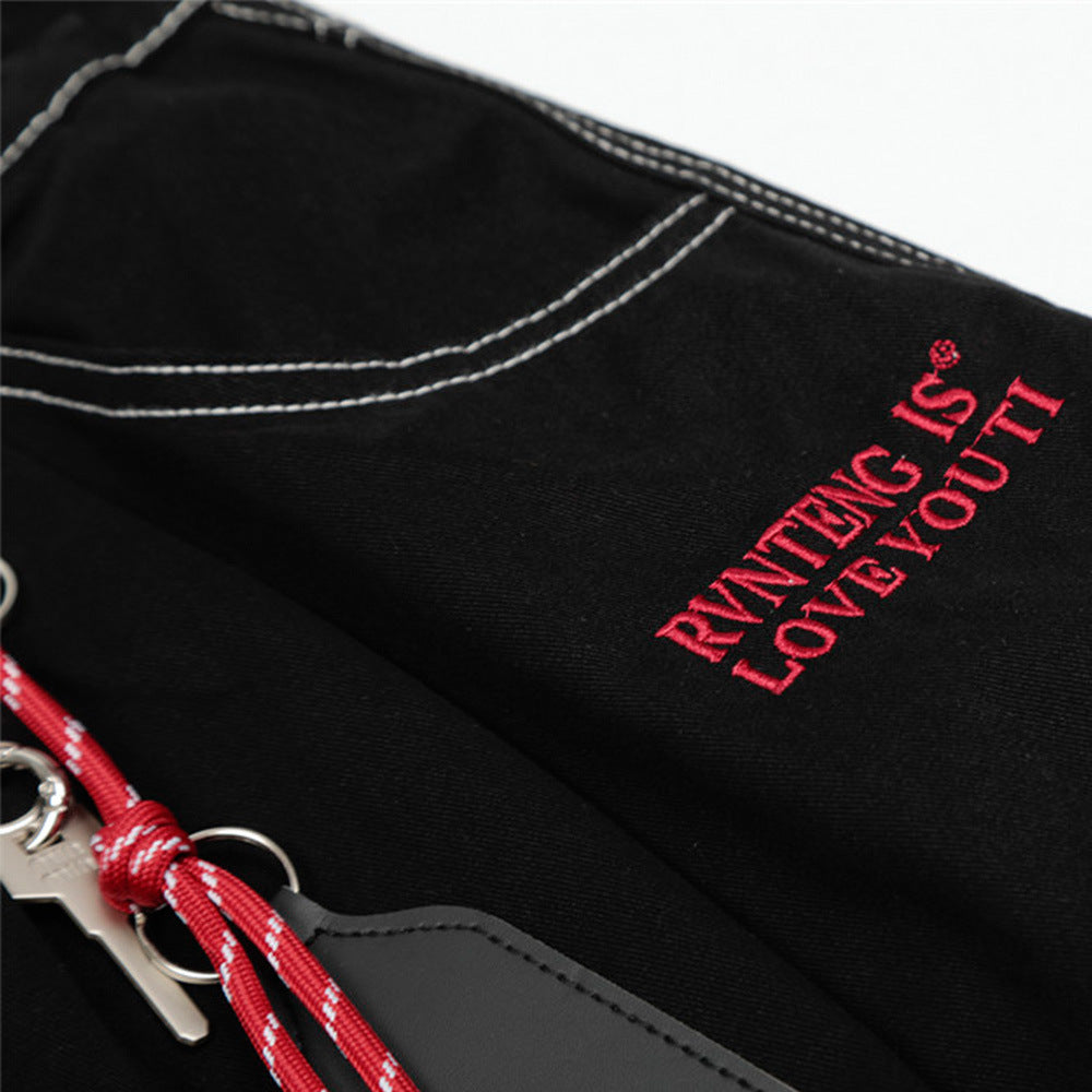 High Street American Style Workwear Cargo Shorts for Men with Topstitching Design and Metal Accessories, Multi-Pocket Denim Shorts