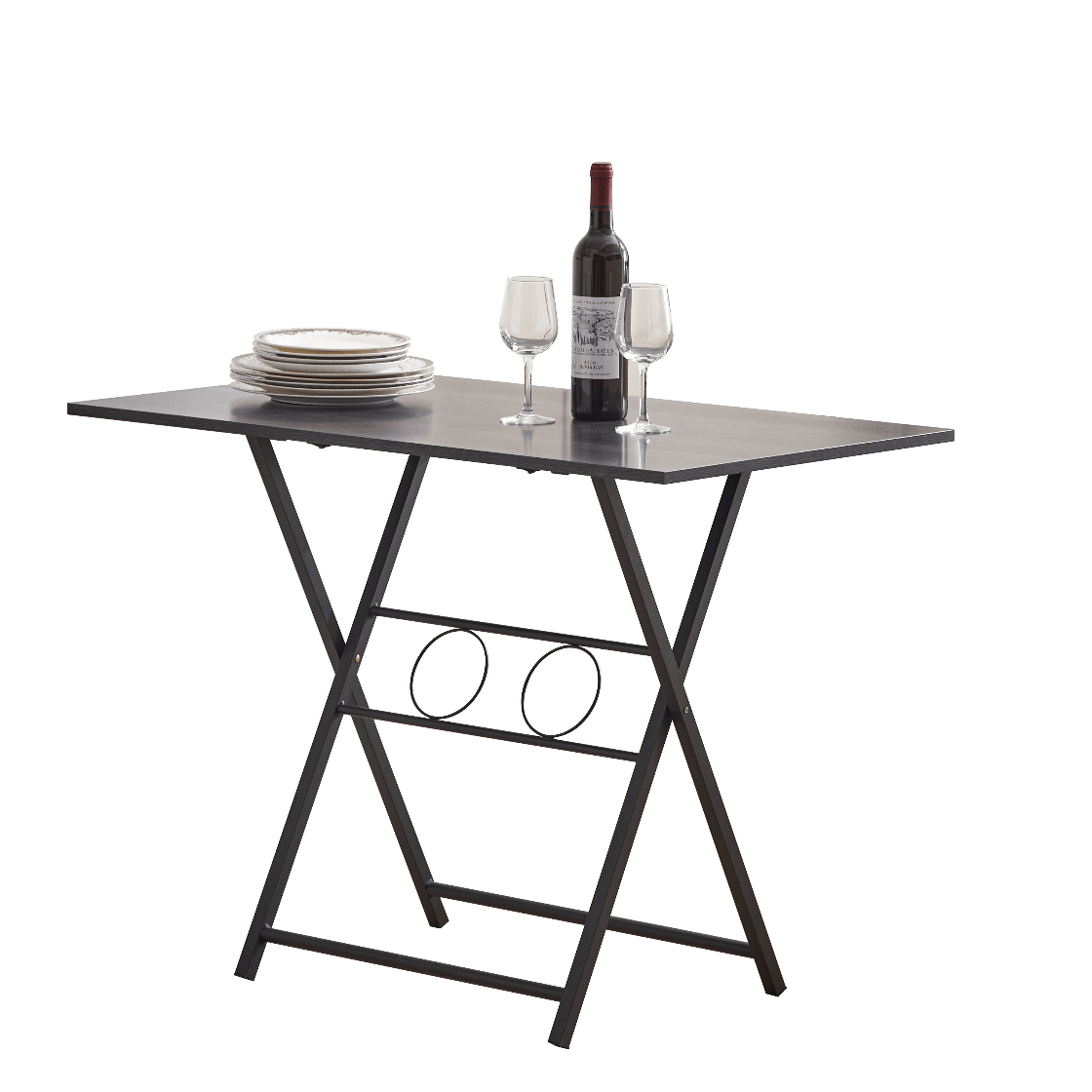 Black metal folding table with wine bottle, glasses, and plates on a white background