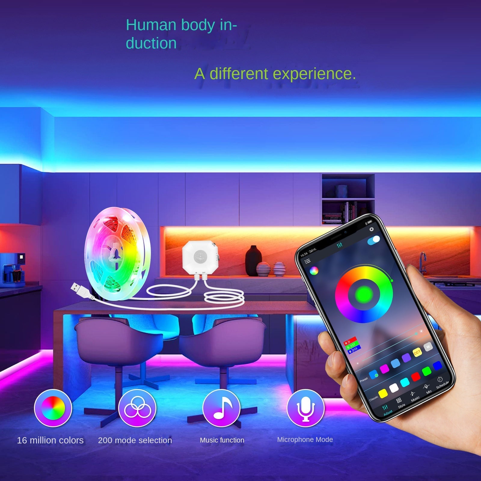 Colorful Bluetooth App Human Body Sensing Bedside Lamp with USB 5V 5050 Bedroom Induction