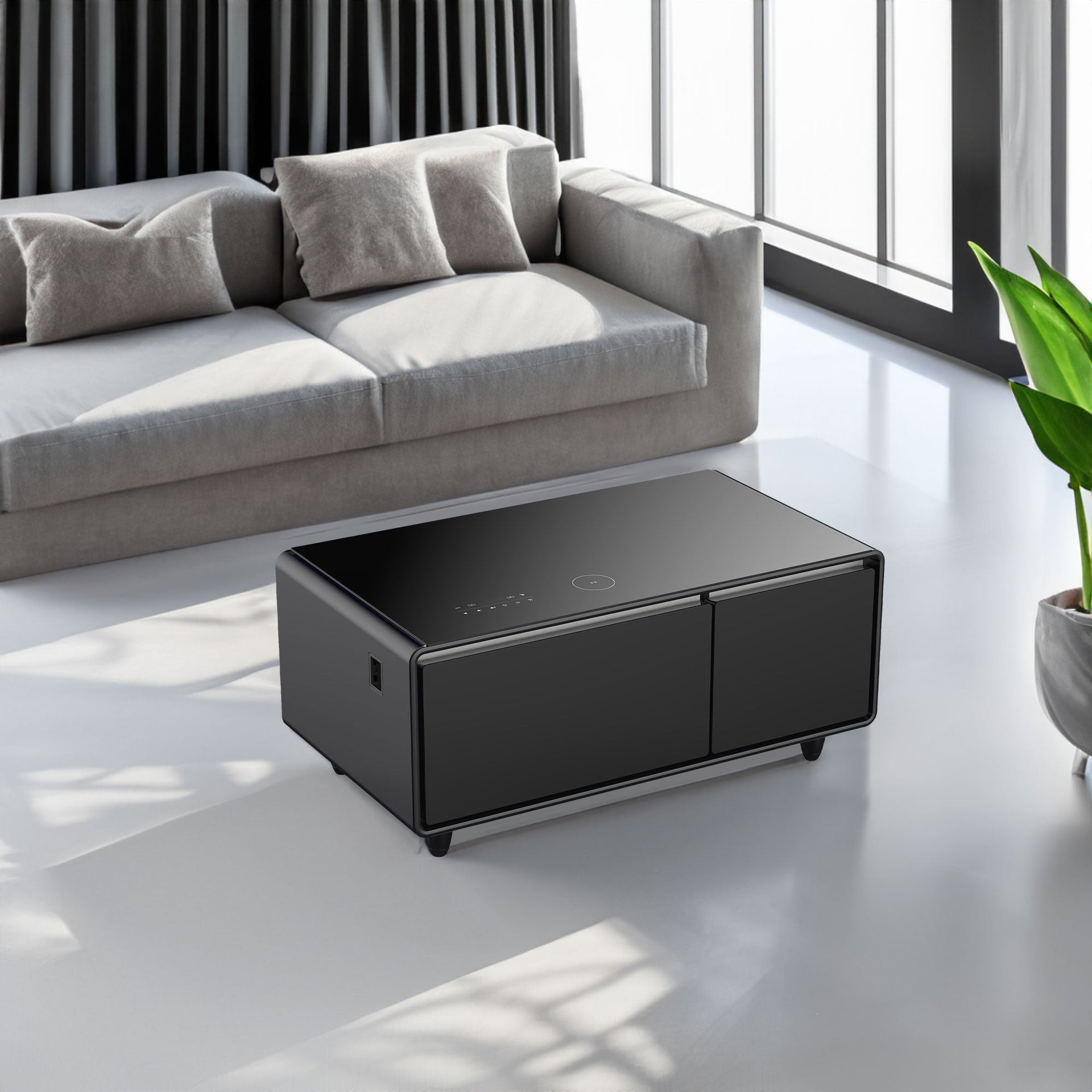 Modern Smart Coffee Table with Built-in Fridge, Bluetooth Speaker, Wireless Charging, Touch Control Panel, USB Interface Black
