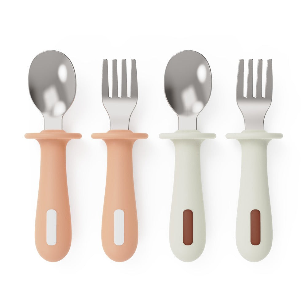 Adjustable color PPSU silicone fork and spoon set, children's stainless steel spoon and fork, baby training supplementary food tableware set of 2 pieces