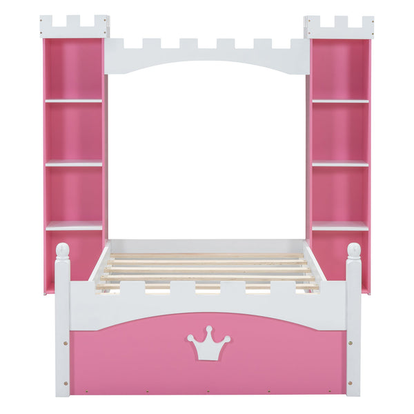 Castle-Shaped Wooden Bed with Storage Shelf, Dreamy Twin Size Platform Bed for Kids Bedroom, Pink+ White