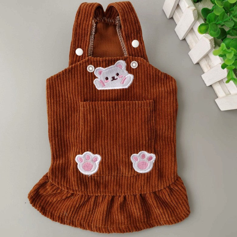 Pet Spring and Autumn Bears Embroidery Corduroy Strap Dress Cat Dog Clothes Teddy Korean Bibear Pomeranian VIP
