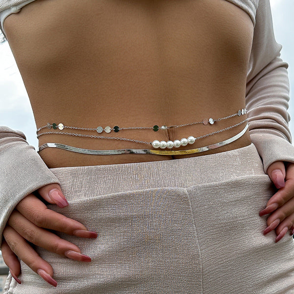 Three layer metal wind versatile waist chain WAIST CHAIN sexy imitation pearl body chain