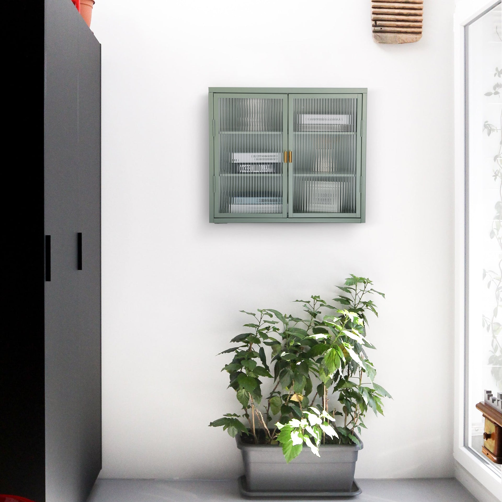 Retro Style Haze Double Glass Door Wall Cabinet With Detachable Shelves for Office Dining Room Living Room Kitchen