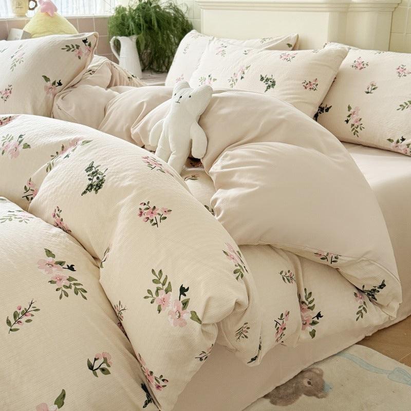 Double Gauze Four-Piece Set Jacquard Small Bamboo Cotton Three-Piece Set Student Dormitory INS Fresh Floral Bedding
