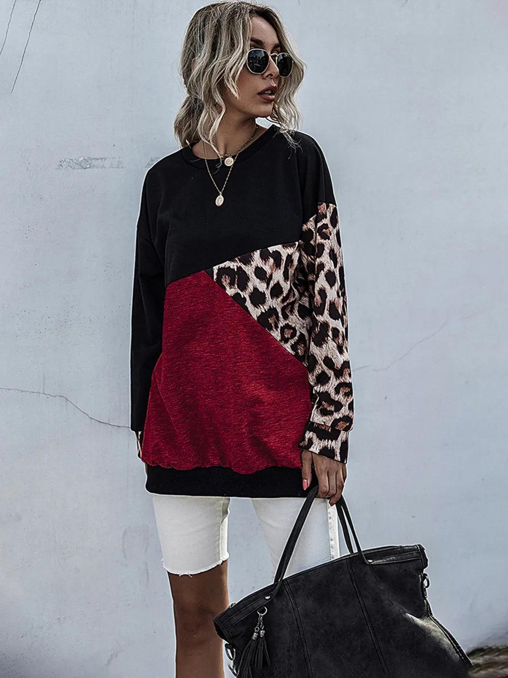 Leopard Contrast Long Sleeve Sweatshirt