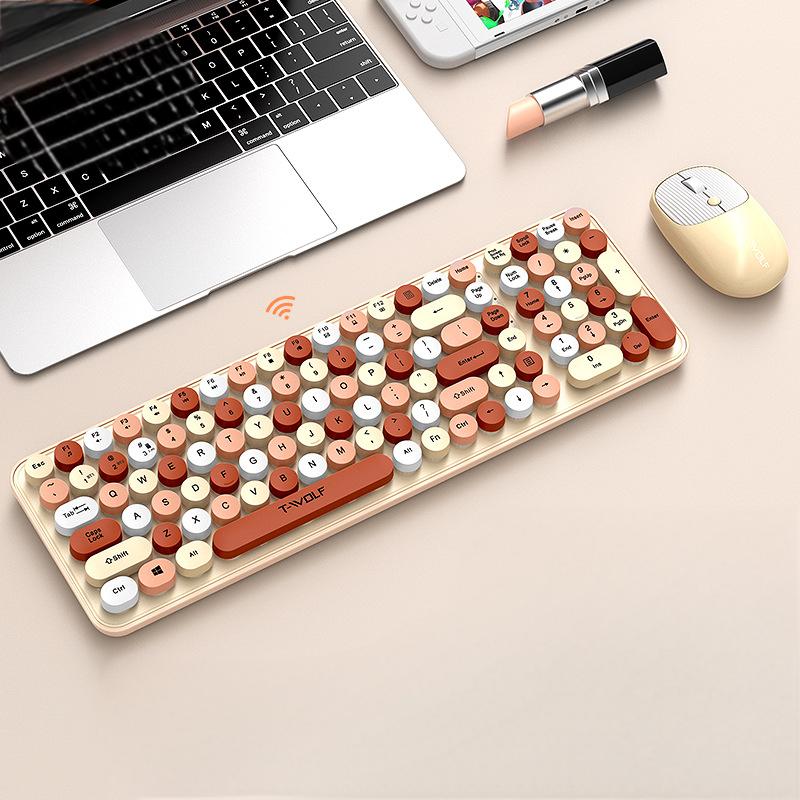T-WOLF Thunder Wolf TF350 Wireless Keyboard and Mouse Set for Girls, Colorful Punk Retro Mouth Red Round Key Cap