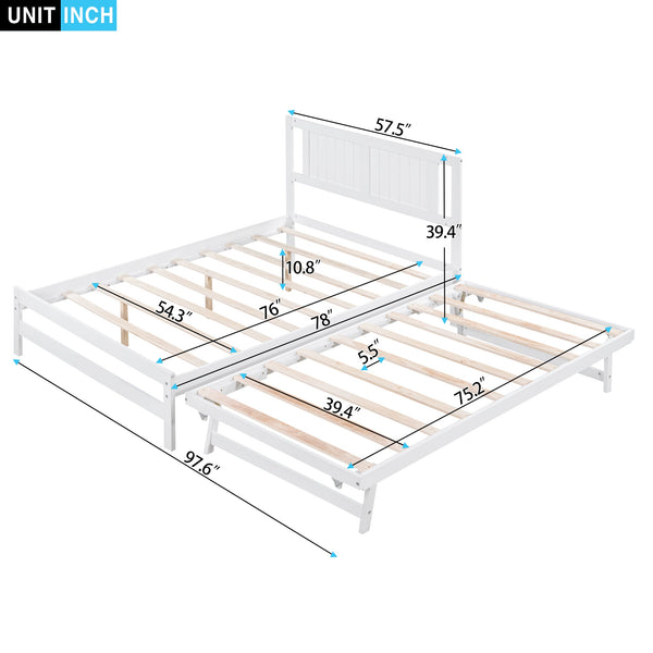Full Size Platform Bed with Adjustable Trundle White