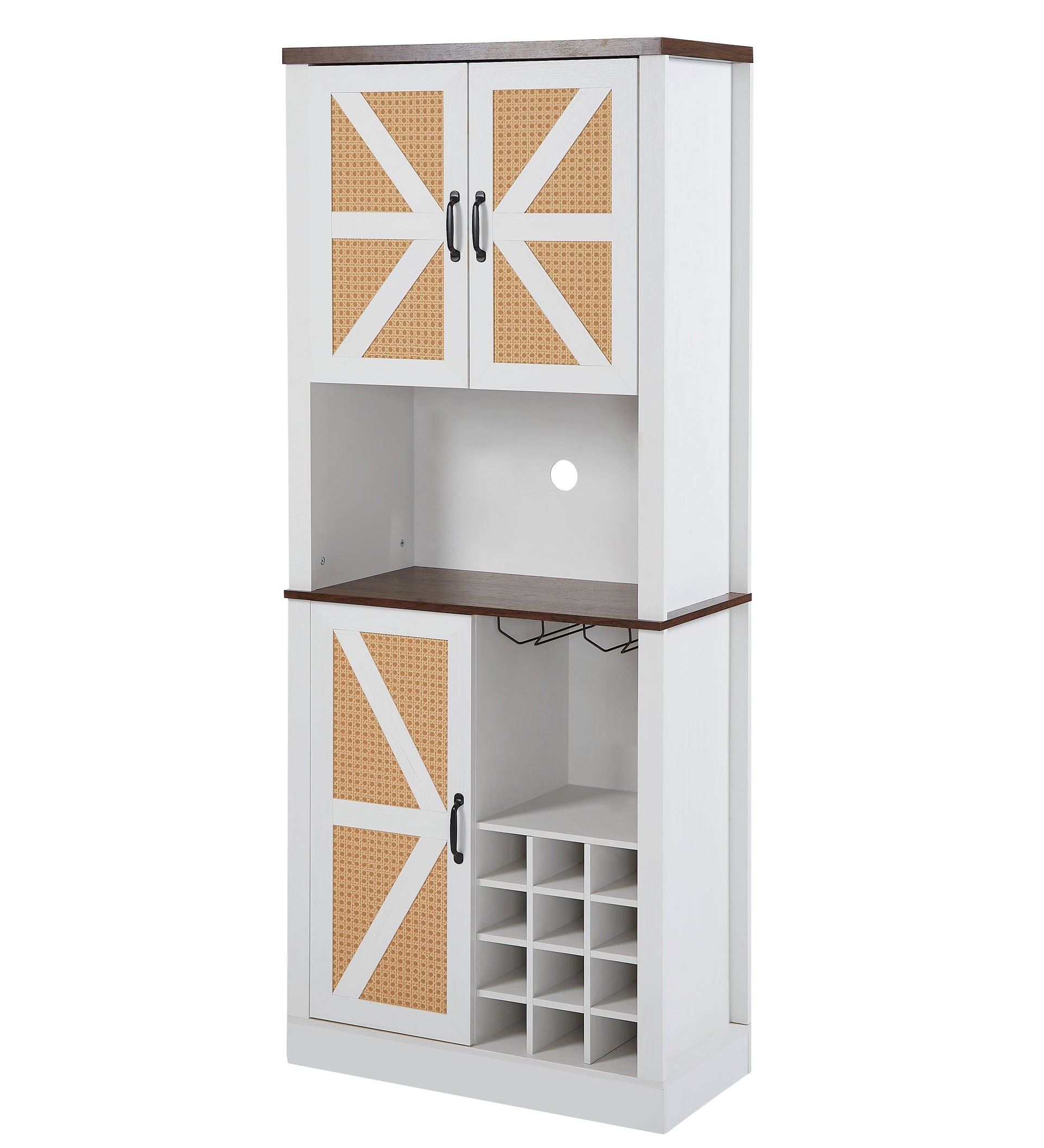 76 Inch Tall Farmhouse Kitchen Faux Rattan Wine Cabinet, Kitchen Bar Cabinet with Square Compartments and Shelves