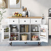 Kitchen trolley with rubber wood leaf countertop, 5-wheel kitchen island, storage cabinet and 3 dining drawers, white - White + MDF + Rubber Wood