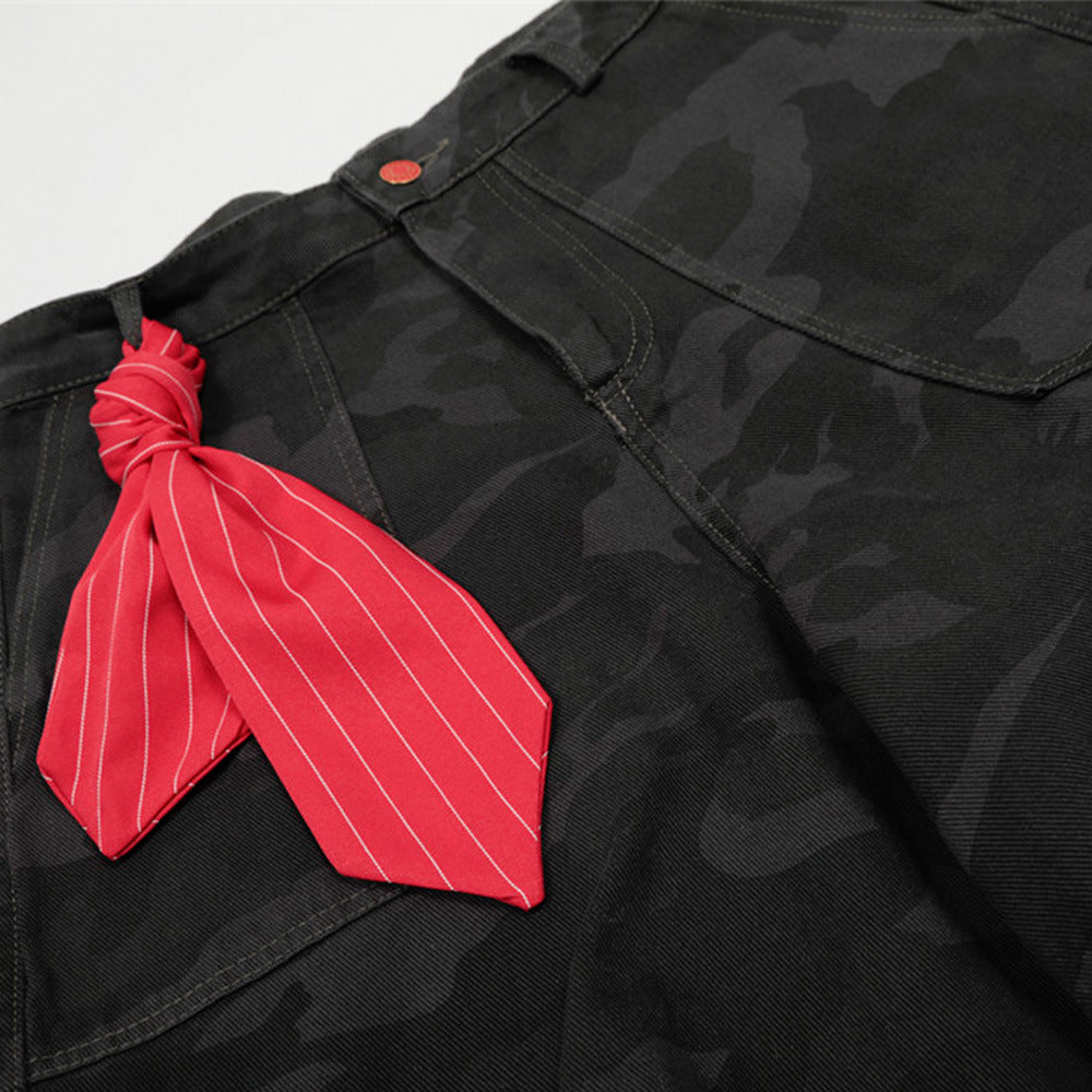 American Retro Camouflage Denim Seven-Quarter Shorts for Men, Loose Wide-Leg Multi-Pocket Design Workwear Five-Quarter Pants Trendy