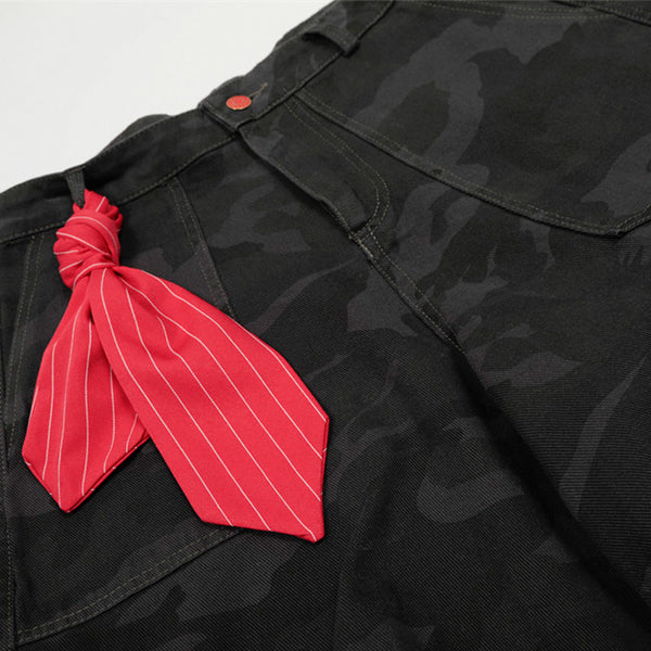 American Retro Camouflage Denim Seven-Quarter Shorts for Men, Loose Wide-Leg Multi-Pocket Design Workwear Five-Quarter Pants Trendy