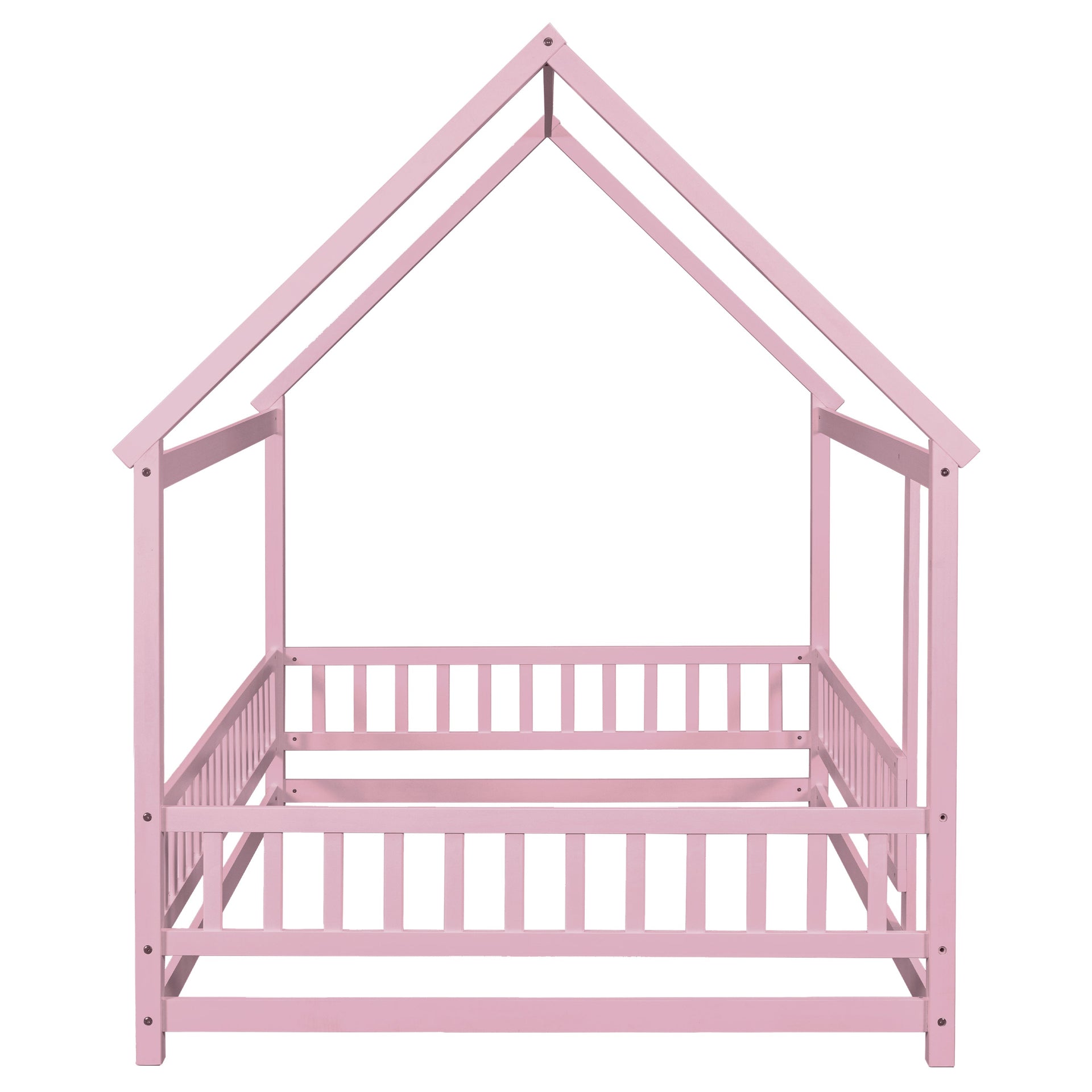 Full Size Floor Wooden Bed with House Roof Frame, Fence Guardrails ,Pink