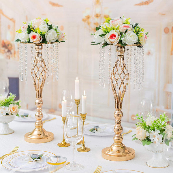 Wrought Iron Metal Flower Stand with Crystal Acrylic Beads Hanging Flower Arrangement, Gold-Plated Decoration for Wedding Tables