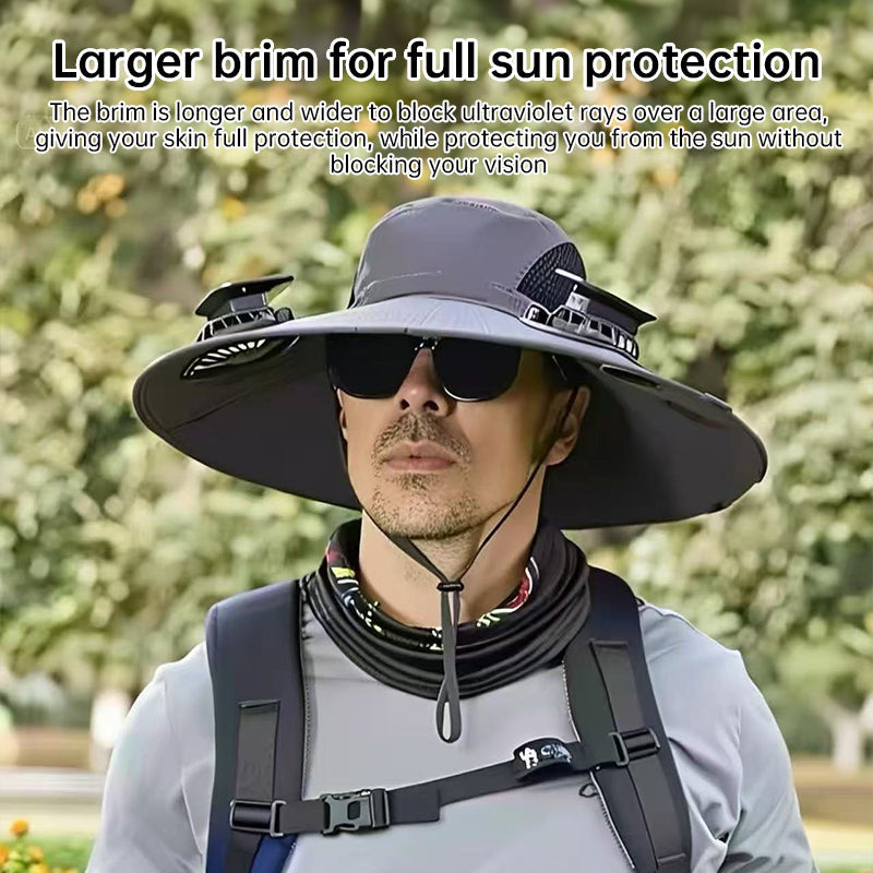 Solar fan hat: wide - brim bucket hat with 2 solar fans, men’s summer cap for outdoor fishing, camping, hiking.