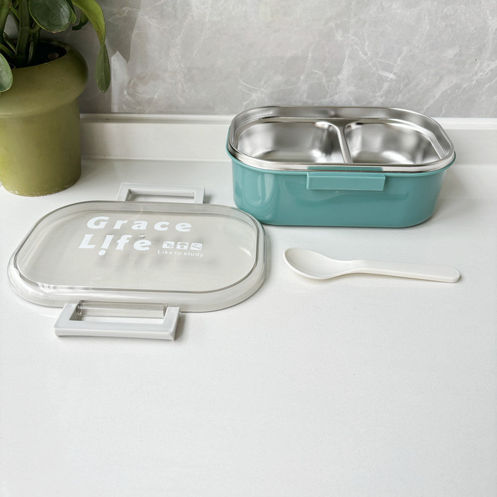 Korean style simple stainless steel two compartment lunch box with cutlery