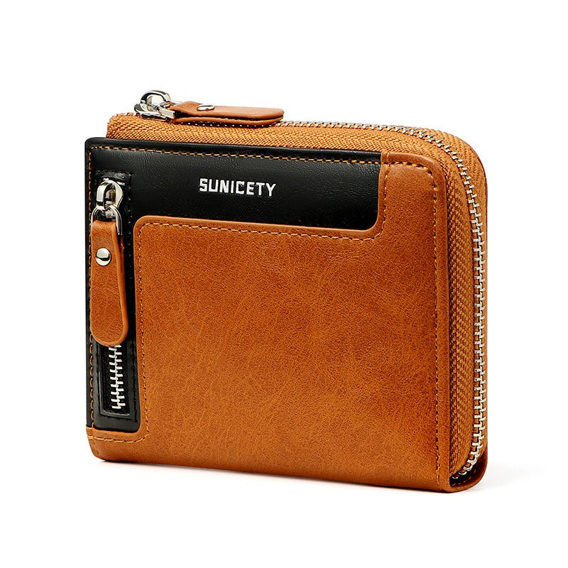 Wallet Men's Fashionable Leather Zipper Leather Bag RFID Multi Card Function ID Card Bag