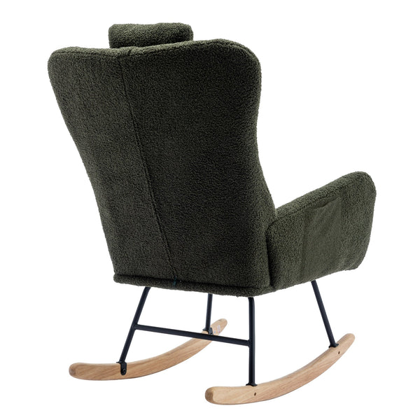 35.5-inch soft Teddy fabric rocking chair with pockets, comfortable wing straps, secure solid wood base (dark green)