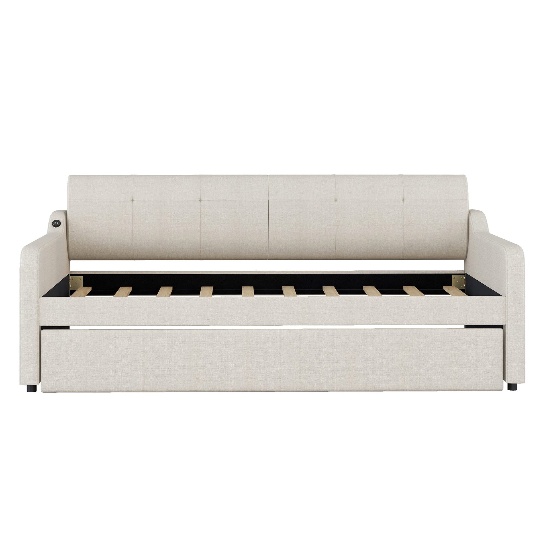 Twin Size Upholstery Daybed with Trundle and USB Charging Design Trundle can be flat or erected Beige