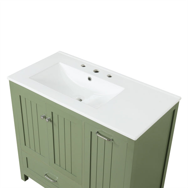36 inch bathroom vanity with sink, one double door cabinet one large drawer and one flip drawer solid wood and MDF board, green