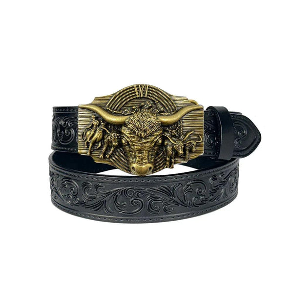TOPACC Black Genuine Leather Belt-Longhorn Cow Belt Buckle Horseback Riding Copper/Bronze - Gifts for You 'n Me