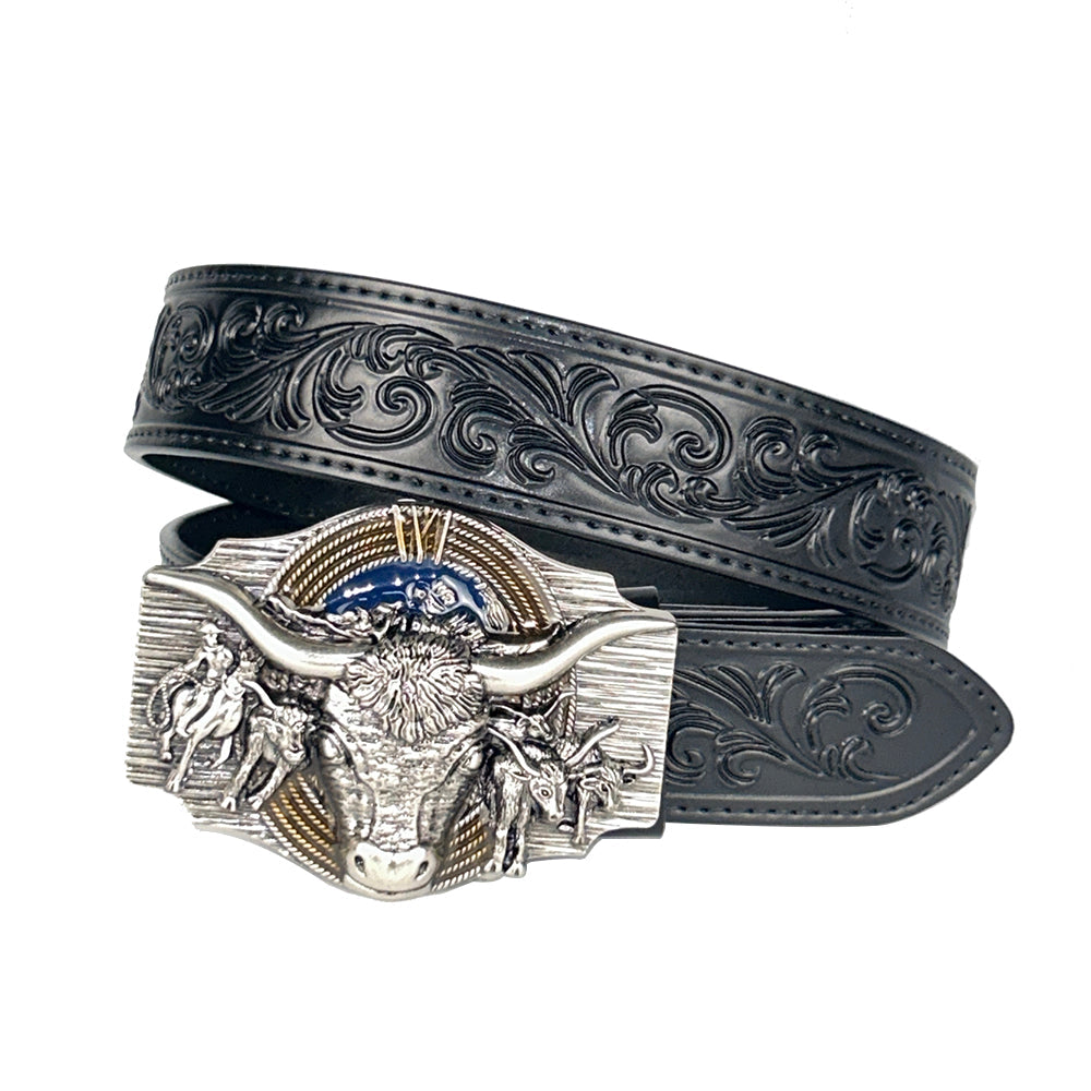 TOPACC Black Genuine Leather Belt-Longhorn Cow Belt Buckle Horseback Riding Copper/Bronze