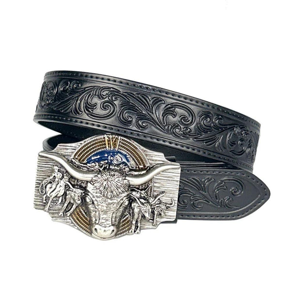 TOPACC Black Genuine Leather Belt-Longhorn Cow Belt Buckle Horseback Riding Copper/Bronze - Gifts for You 'n Me