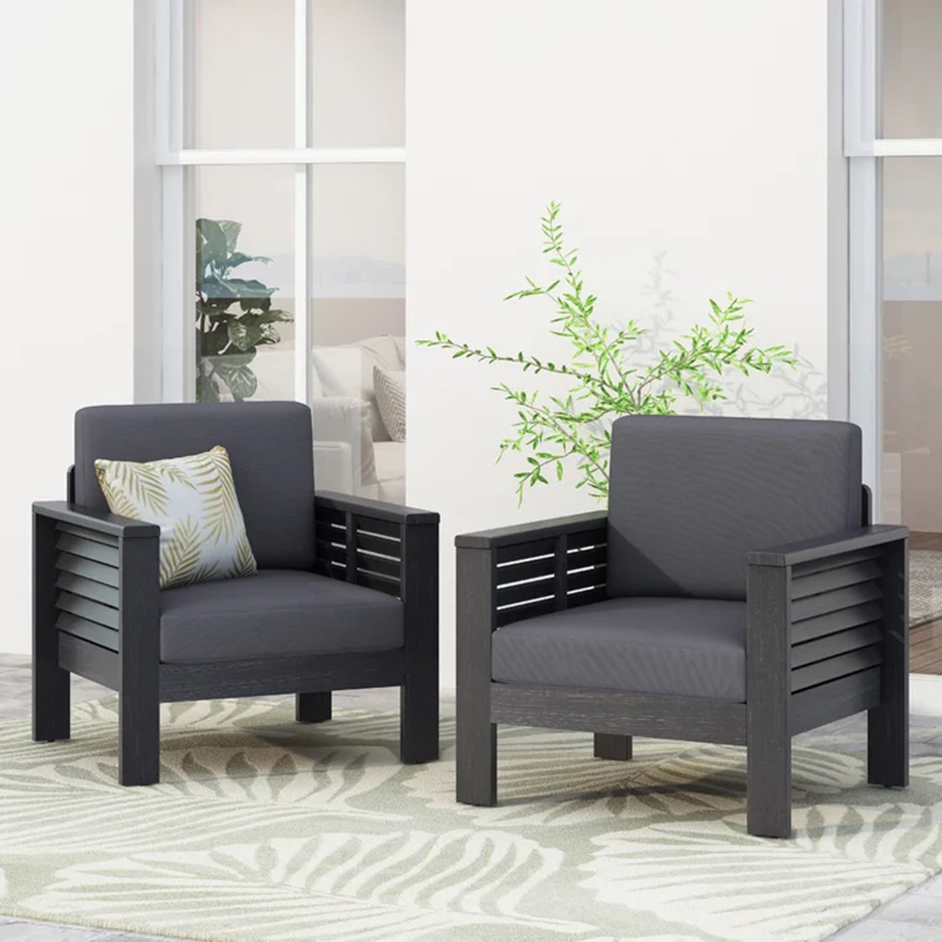( Set of 2) Outdoor Acacia Wood Club Chairs with Cushions, Dark Gray, 27.75