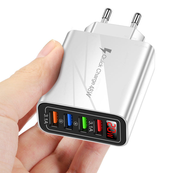4 USB digital display mobile phone charger, European, American and British standard multi port charger with display screen