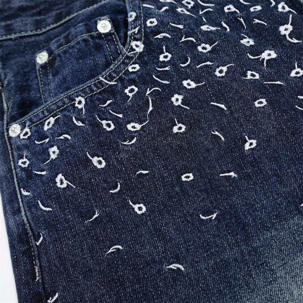 Street Design Floral Embroidered Denim Wide-Leg Long Pants Men's Vibe Trendy Washed Distressed Straight Leg Trousers