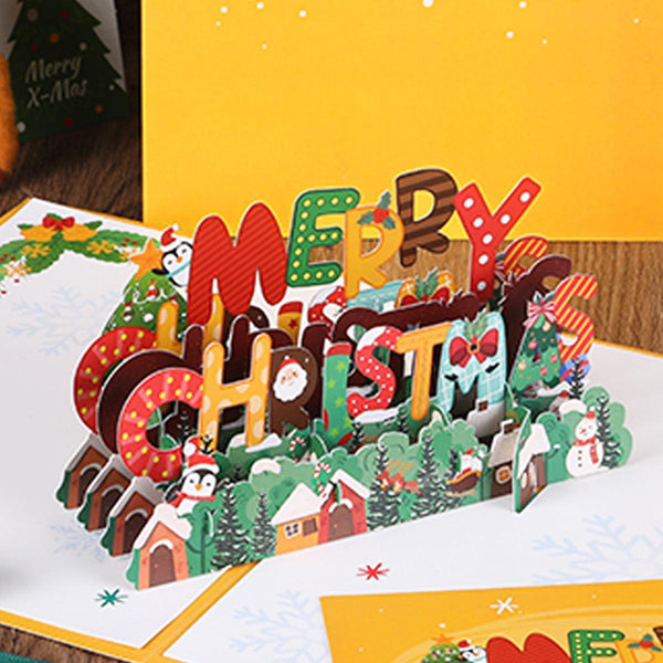 Christmas 3D greeting card, Christmas tree, little penguin cartoon, cute paper carving, handwritten message greeting card