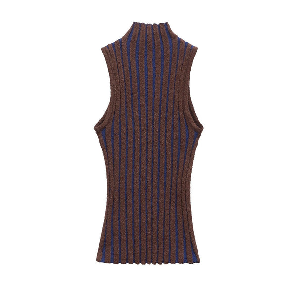 Half high neck sleeveless slim knit sweater for women