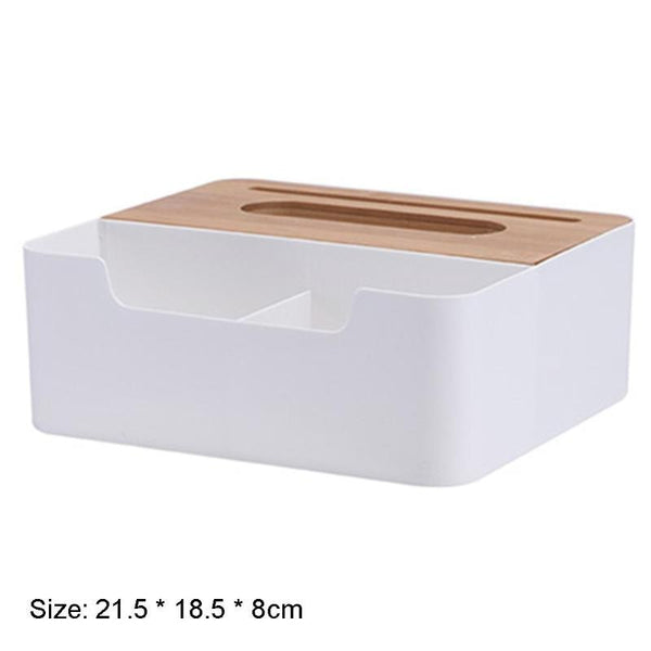 Multi-functional Plastic Tissue Box with Bamboo Wooden Cover Phone Slot Home Kitchen Napkin Case Holder Storage Decoration